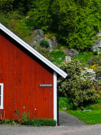 A bright red cabin surrounded by lush greenery in Jönköping, Sweden, on a sunny day. Photo credit: https://www.pexels.com/@damir/