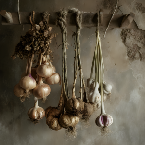 Onions and garlic bulbs hanging to dry